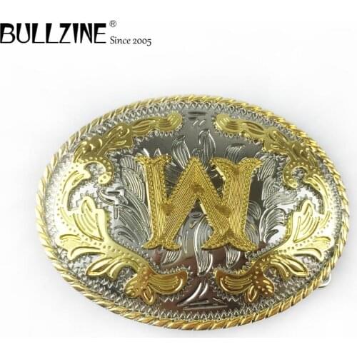 The Bullzine western flower with letter "W" belt buckle with silver and gold finish FP-03702-W for 4cm width snap on belt