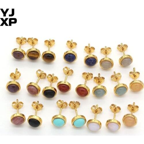 YJXP Trendy Gold Color Round-Shaped Amethysts Rose Quartzs Black Agates Tiger Eye Stone Stud Earrings For Women Jewelry