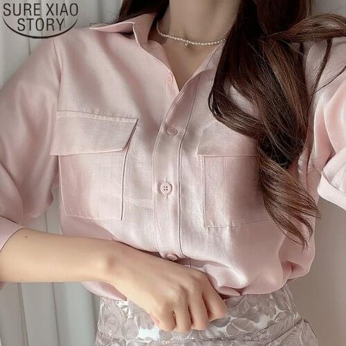 Women Blouses White Pink Button Up Shirt 2021 Autumn New Fashion Pocket Turn Down Collar Shirt Long Sleeve Top Blusas 16560