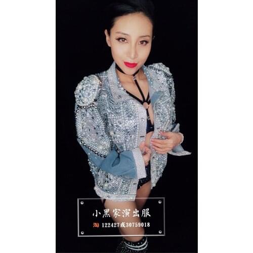 Pearls Crystals Blue Denim Jacket Female Costume Shining Rhinestones Beading Tide Fashion Jeans Nightclub Stage Outfit Outerwear