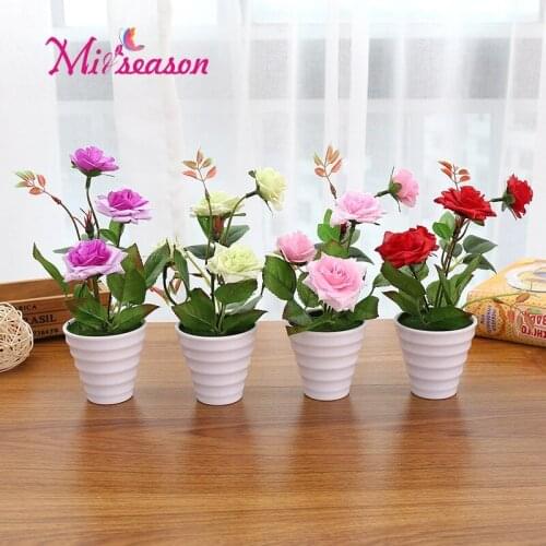 4 head mini Rose Flowers with plastic Vase Artificial Silk Flowers Set for Home Decoration Home green plant Decorative Ornaments
