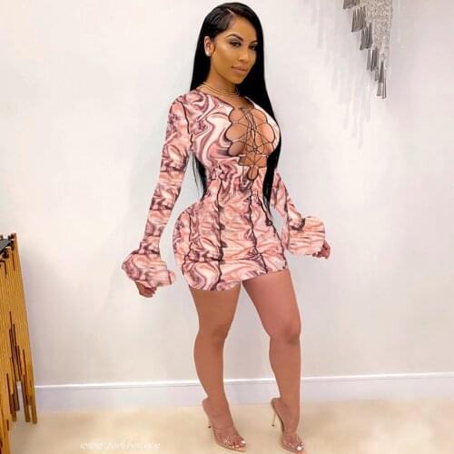 Adogirl Women Tie Dye Print Flare Sleeve Bodycon Dress Sexy Hollow Out Night Club Outfits Mini Dresses Streetwear Plus Size