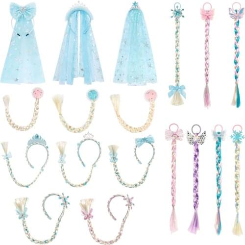 Girl Princess Hair Accessories Kids Elsa Anna Cinderella Crown Set Wig Braid for Children Girls Cosplay Aurora Mermaid Unicorn