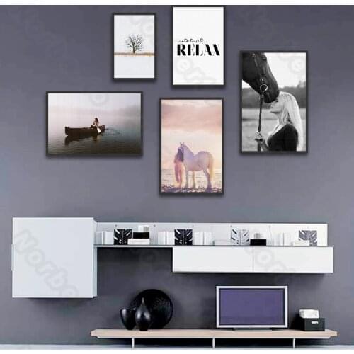 Canvas Painting Poster Minimalist Pictures Tree Woman with a Horse Girl Sitting On The Boat Letters Relax for Home Rooms Decorat