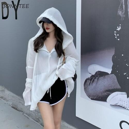 Basic Jackets Women Hooded Loose Solid Leisure Harajuku Korean Style Sun-protection Summer Thin Outwear Female Long Sleeve Ins
