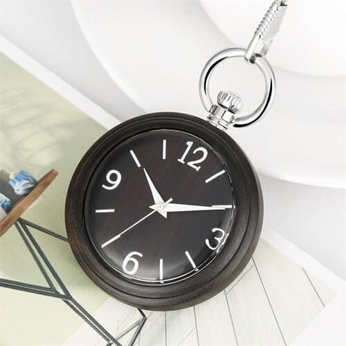 Open Face Ebony Wood Quartz Pocket Watch White Arabic Numerals Display Wooden Pendant Pocket Timepiece Silver Fob Natural Clock