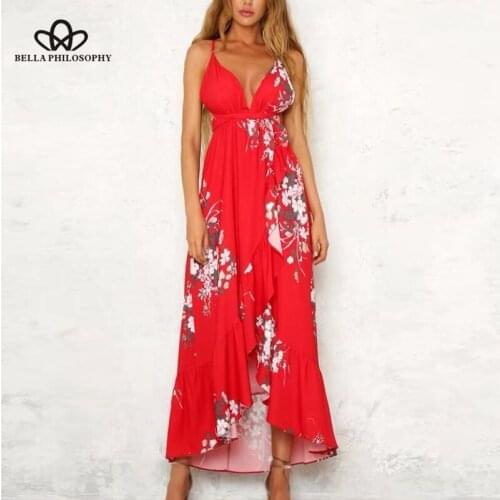 HStar Strap Summer Maxi Dress Floral Print Asymmetric Cross Backless Deep V neck Slip Tunic Long Women Beach Dress