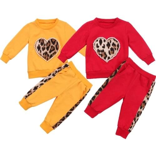 1-5Y Girls Clothing Sets Autumn Winter Toddler Girl Pearl Leopard Heart Print Tops+Pants Outfit Children Kids Tracksuits Clothes