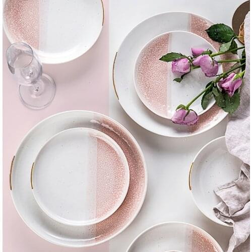 Flat Steak Plate Japanese Sushi Tray Full Set Ceramic Dinnerware Set With Gradient Color Golden Rim Tableware Big 10inch Tray