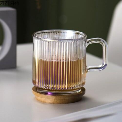 Modern Striped Glass Mug with Wooden Lid Creative Home Breakfast Milk Cup Coffee Cup Office Tea Cup Transparent Beverage Mug
