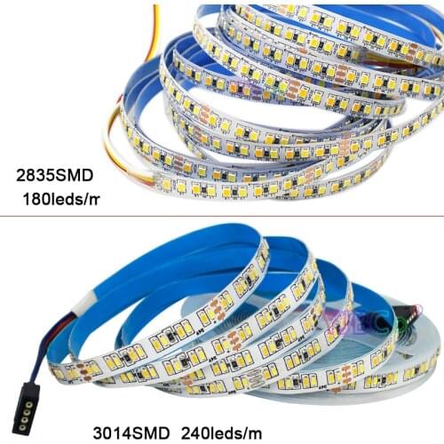 5M DC24V White+Warm white CCT LED Strip Light 180leds/m SMD 2835 3014 240leds/m Flexible Lamp Tape 10mm White PCB No Waterproof