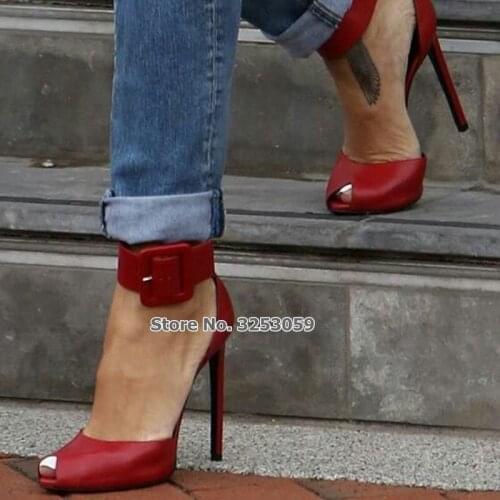 ALMUDENA Women Big Square Ankle Buckle Strap Red Black Matte Pumps Stiletto Heels Wedding Shoes Elegant Dress Shoes Dropship