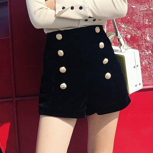 Vintage Velvet Shorts Women Winter Spring High Waist Double-breasted Wide Leg Shorts Plus Size Black Ladies Shorts Femme
