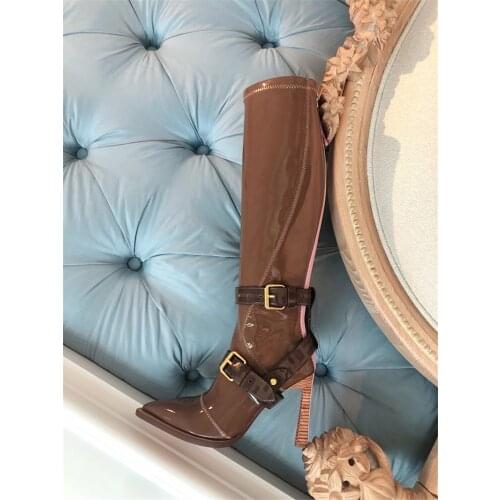 Autumn Winter New Genuine Patent Leather High Boots Shoes Woman Stretch Boots Knee-High Back Zipper Pointed toe Thin High Heel