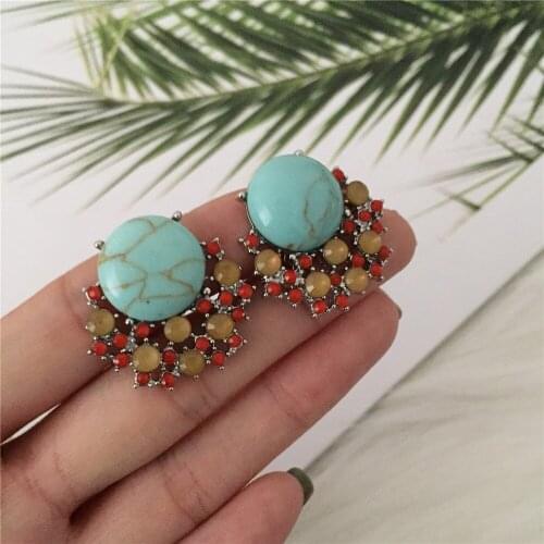 Casual Rhodium Color Finishing Marble Multi Colored Stone Stud Earrings For Women Lady Jewelry