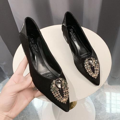 2021 Autumn and Winter All-match New Pointed Thick Heel Single Shoes Female Net Red Rhinestone French Wedding Shoes Elegant