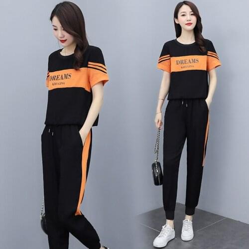 Contrasting Color Stitching Two Piece Sets Summer Short Sleeved Casual Sweater Green Orange White Big Size Women Pants Suits