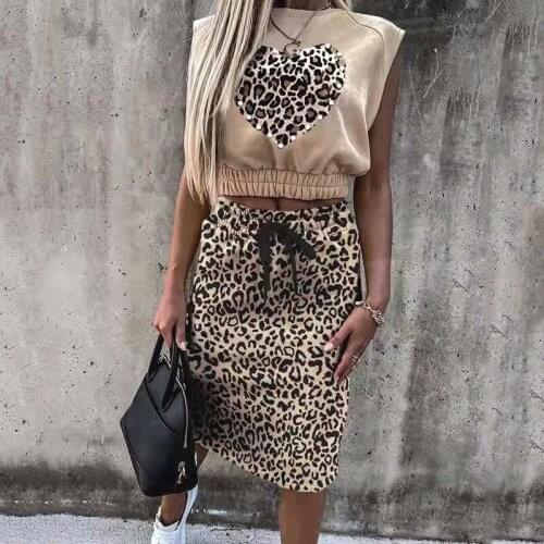 Summer Women 2PCS Short Top Skirt Sets O-Neck Sleeveless Casual Pullover Top Drawstring Skirt Suit Fashion Leopard Elegant Sets