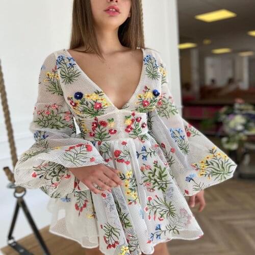 2021 Summer Hollow Out Women V Neck Sexy Party Casual White Spring Autumn Vintage Elegant Puff Sleeve Lace Voile Mesh Dress