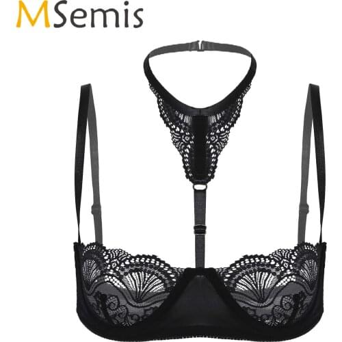 Womens Lingerie Lace Bra Tops See-Through Dating Honeymoon Halter Neck Underwired Unlined Lingerie Brassiere Underwear