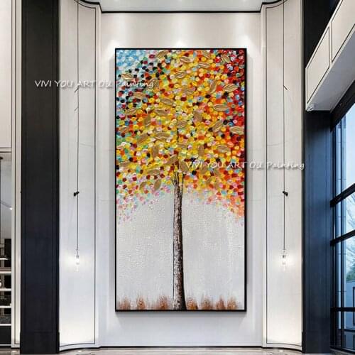 100% Handpainted Abstract Golden Lucky Tree Oil Painting Large Size Grey Canvas Art Home Wall Decor Picture For Living Room