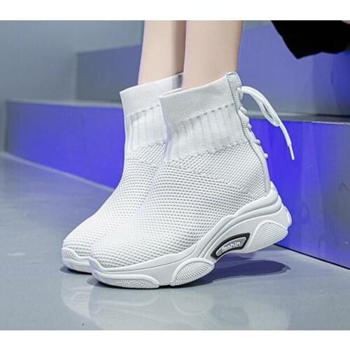 2021 Knitting Stretch Sock Boots Women Platform Shoes Wedges Ankle Botas Embroider Height Increasing Chelsea Boots Women