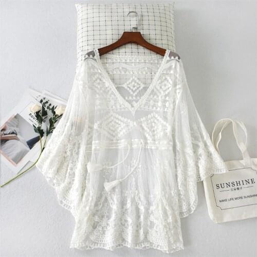 Large V-neck Batwing Sleeve Loose Lace Blouse Drawstring Waist Pullover Women Shirts Sunscreen Shirt Outside Shawl