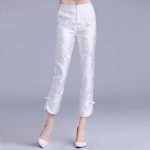Pants Women Vintage Floral Embroidery Trousers 2021 spring summer Casual High Elastic Waist Straight Pants Plus Size 4XL