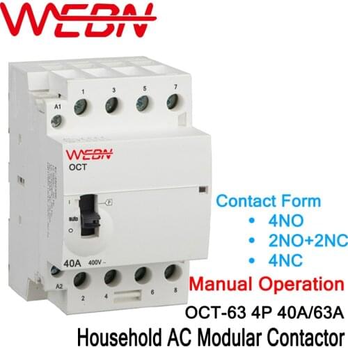 OCT-63 Series 4P 40A/63A Manual Operation AC Household Din Rail Modular Contactor 220V/230V 50/60Hz Contact 4NO/2NO+2NC/4NC