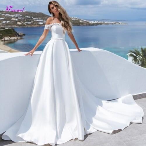 Fsuzwel New Romantic Boat Neck Satin Court Train A-Line Wedding Dresses 2020 Gorgeous Appliques Sashes Beaded Vintage Bride Gown