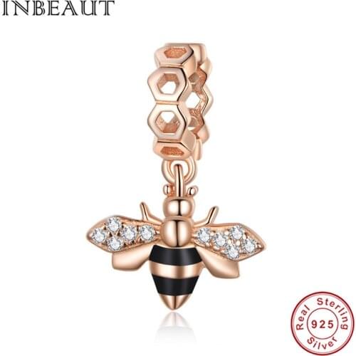 INBEAUT 100% 925 sterling silver happy little bee pendant fit bracelet brand jewelry rose gold charm woman gift making