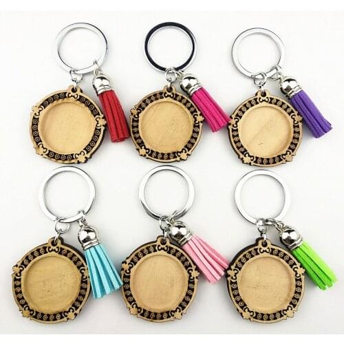 Jiangzimei 24pcs new retro design 25mm Wood Cabochon Stainless Steel Keychain Blank Wooden pendant with tassels Keyring