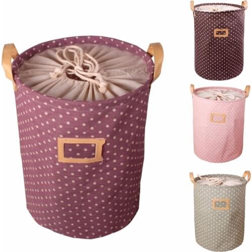 Drawstring Storage Basket With Cover & Handle Clothes Organizer Kids Toy Storage Bucket Cotton Linen Folding Laundry Hampers