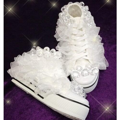 Handmade lace crystal personality waterproof platform sponge cake with high heels increased canvas shoes wedding