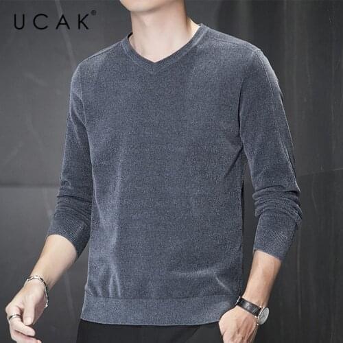 UCAK Brand Mens Solid Color V-Neck Chenille Sweater Clothing Autumn New Tops Streetwear Casual Long Sleeve Pullover Homme U1013