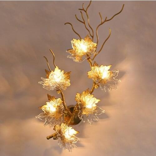 Copper Metal Clear Glass Gold Flower Surface Mount Wall light For Parlor Hall Restaurant Wall Lamp Home Decoration