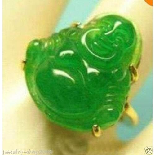 Wholesale price 16new Jewelry Smile Belly Buddha Carving Green stone Gilded Women Rings Size 7,8,9 30% OFF B1102