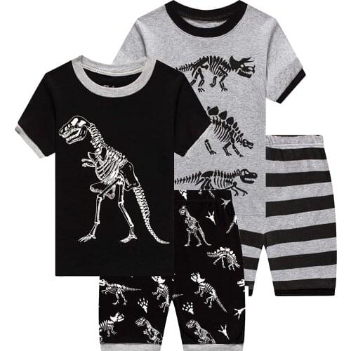 Boys' Pajama Sets Boys Cartoon Sleepwear Dinosaur Pajamas Boys Toddler Kids Grow in The Dark T-Rex 4 Pieces Short Pajama Set