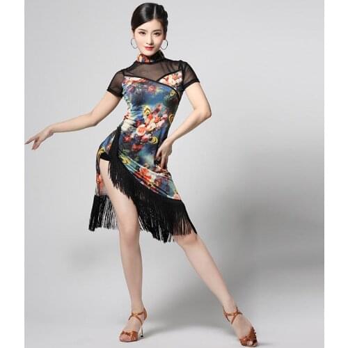 New Adult Latin Dance Dress Retro Practice Costume Split Tassel Dress Cheongsam Rumba Samba Tango Cha Cha Salsa Foxtrot Dance