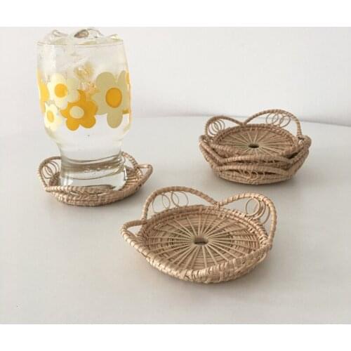 Rattan Cup Holder Drink Coasters Natural Woven Floral Shape Heat Insulation Round Tea Pot Placemat Table Decoration Accessories
