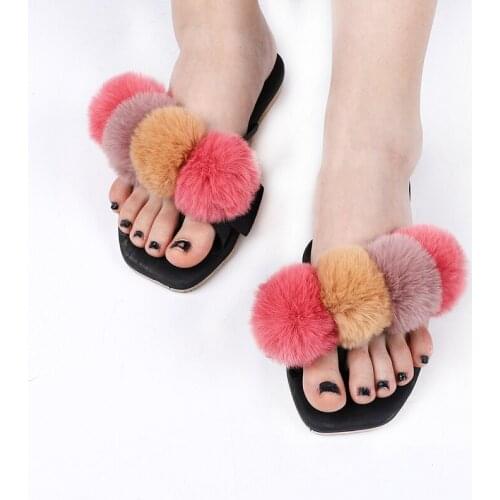 2021 New Women Slippers Fashion Cozy Hairball Rainbow Faux Fur Slides For Fluffy Plush Furry Home Flip Flop Flat Shoes TX420