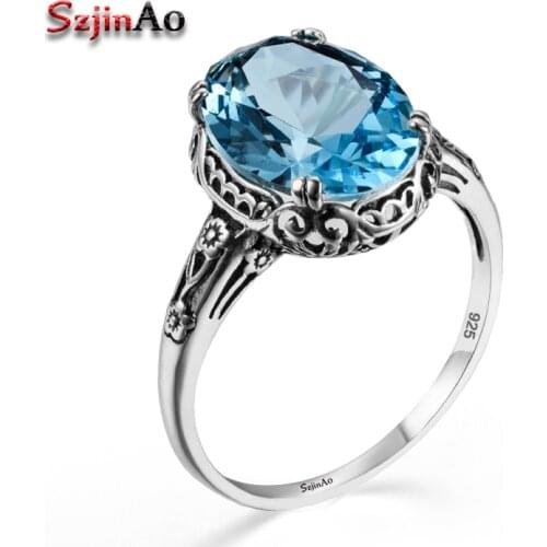 Szjinao Wholesale Classic Woman Wedding Ring Real Solid 925 Sterling Silver Dazzling Blue crystal Ethnic Engagement Jewelry Gift