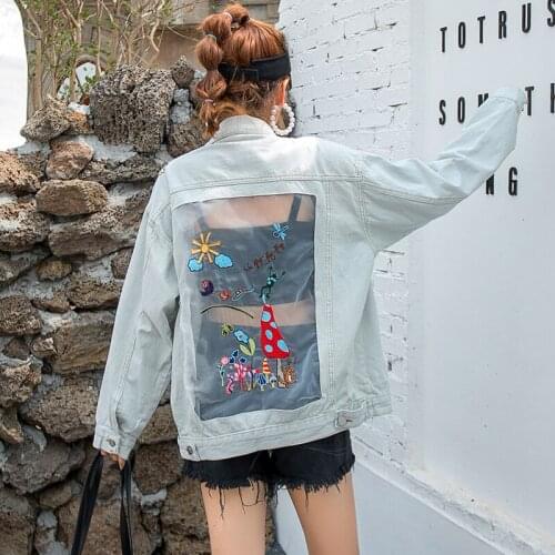 Vintage Embroidery Net Yarn Patchwork Denim Coat Autumn 2021 Korean Loose Casual Chaqueta Harajuku Washed Light Blue Jean Jacket