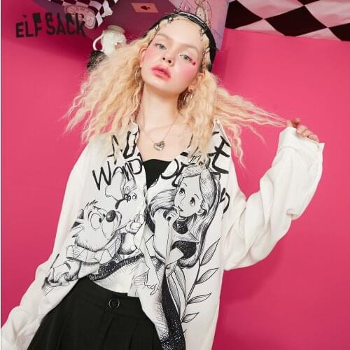 ELFSACK Cartoon Cartoon Print Single Breasted Casual Shirt Women,2021 Spring Vintage Full Sleeve,Korean Girly Sweety Graphic Top