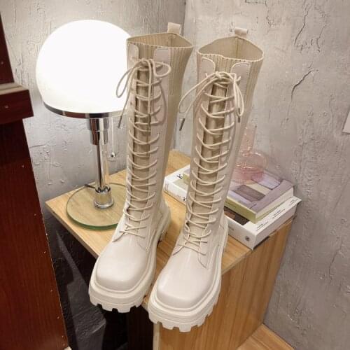 2020 Womens Wedges Over The Knee Thick Bottom High Heels Boots Autumn Winter Platform Boots Women Beige Leather Botas