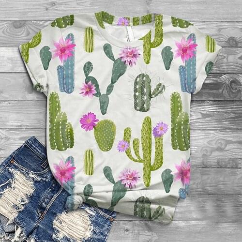 Cactus Plant Print Cute Tops Women Fashion Solid Color O Neck Short Sleeve Harajuku Graphic Tees Wholesale Lots Bulk Clothes #G2
