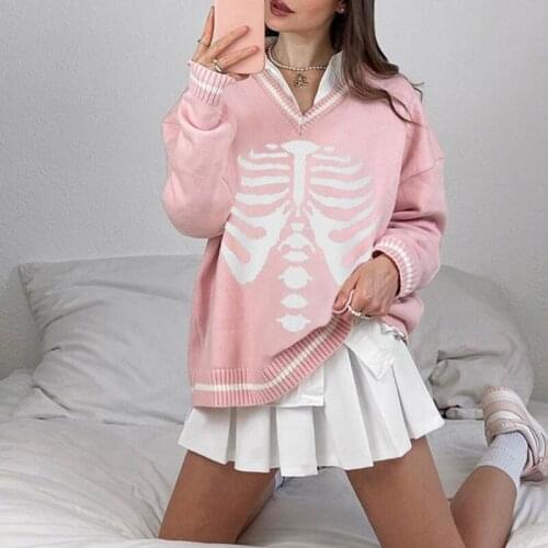 Women Long Sleeve V-Neck Sweater Gothic Punk Breastbone Skeleton Print Pullover Top Harajuku Knitted Loose Jumper Shirts
