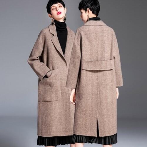 Long woolen blends cashmere coats for women 2019 autumn winter ladies jackets plus size overcoat double sided coffee herringbone