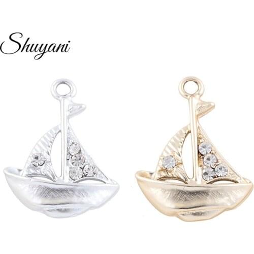 20 PCS Alloy Metal Gold Silver Color Crystal Sailboat Shape Pendant for Necklace Bracelet Accessories DIY Earrings Charms Dangle