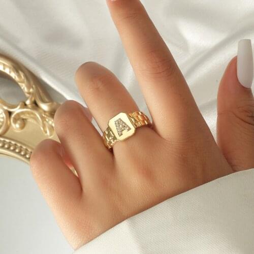 2021 Trendy 18k Gold Plated AAA Zircon Hip Hop Adjustable A-Z Letter Ring Watch Band Square Gold Initial Rings For Women